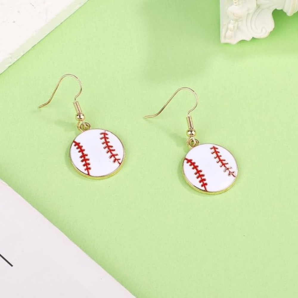 NEW Baseball Dangle Earrings Gold color with White and Red Sports Boutique
